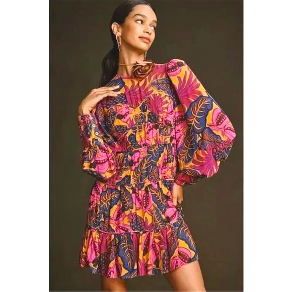 FARM Rio Floral Long Sleeve Key Hole Tiered Yellow Fruit Dream Mini Dress S - Picture 1 of 11